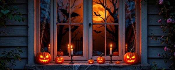 design a haunted house window with flickering candle lights carved pumpkins glowing on the sill fake cobwebs on the frame bats flying outside spooky shadows behind the glass.