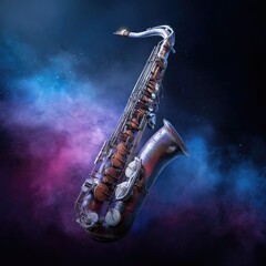 Obraz premium A vintage saxophone against a cosmic backdrop