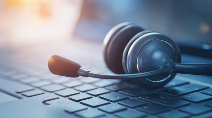 Glowing headset and softly lit keyboard on modern desk representing attentive customer support and digital connectivity