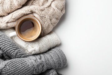 Cozy autumnal scene with warm sweaters and coffee
