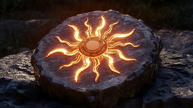 Ancient sun medallion reimagined as glowing solar circuit core on obsidian slab