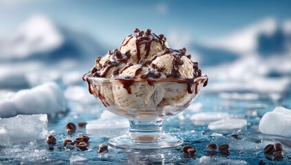 Ice cream sundae, chocolate drizzle, chocolate chips, ice, snow, blurry background