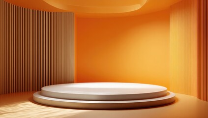 Empty, round, white podium on two levels,  set in a warm orange room with light wood panels