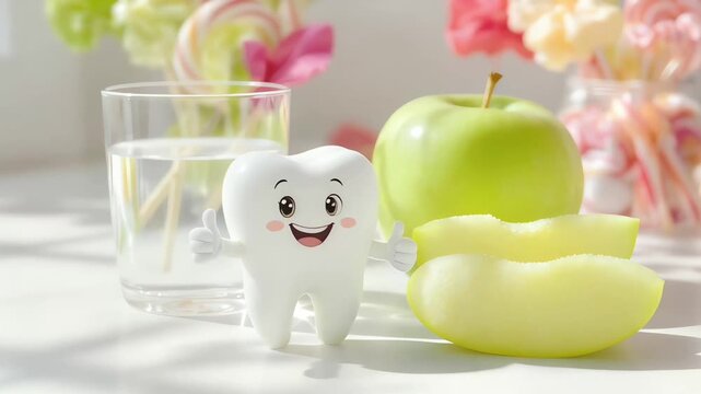 Concept of pediatric dentistry and oral hygiene, featuring a cheerful tooth mascot with healthy food choices like apples and water over candy