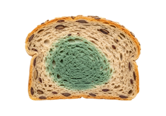 A slice of whole grain bread displays a noticeable patch of mold, showcasing the texture and discoloration of the affected area against the healthy surrounding bread.