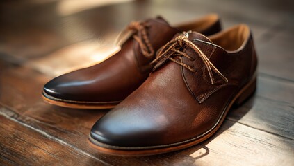 Polished brown leather dress shoes on a wooden floor