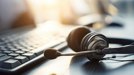 Glowing headset and softly lit keyboard on modern desk representing attentive customer support and digital connectivity