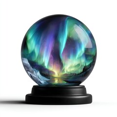 A spherical glass snow globe.  Aurora borealis scene.  Black base