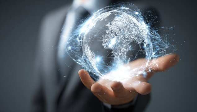 A hand, likely a businessperson's, hovers a holographic, glowing globe.  Visible continents,  connections and light trails - Powered by Adobe