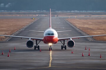 Airplane takeoff action at airport runway aviation scene daytime front view flying concept for travel enthusiasts