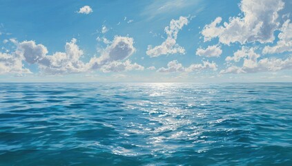 Obraz premium Wide ocean view, bright sky with fluffy clouds