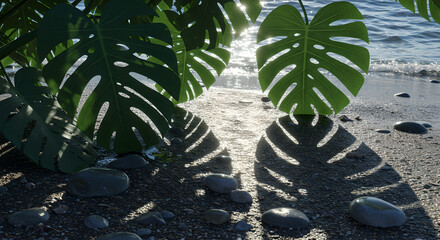 Lush green Monstera leaves casting intricate shadows on a sun-drenched pebbled beach with sparkling sea.