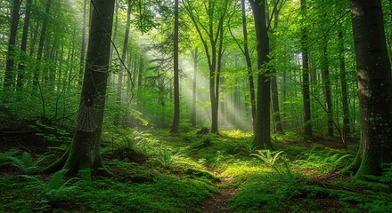 Naklejka premium Sunlit Forest Path with Lush Green Undergrowth and Delicate Spid