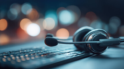 Glowing headset and softly lit keyboard on modern desk representing attentive customer support and digital connectivity