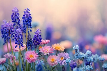 Naklejka premium A Serene Tapestry of Spring Bloom Grape Hyacinths and Daisies Dancing in a Dreamy Garden Landscape Soft Colors and Dreamlike Quality