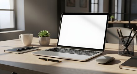 Fototapeta premium Mockup of a Modern Laptop on Desk with Blank Screen and Office Accessories