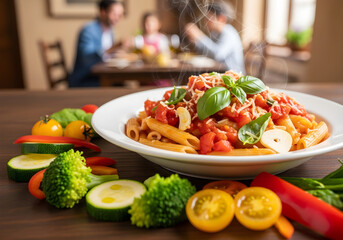 Delicious pasta dish with fresh vegetables, a vibrant family meal perfect for a healthy lifestyle, ideal for food blogs, recipe promotions, or culinary education materials