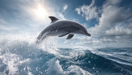 Fototapeta premium Majestic dolphin leaps above ocean waves. Sunlight highlights the creature's grace. Vast blue ocean and fluffy clouds complete the scenic view