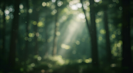 Ethereal forest bokeh with shimmering sunbeams piercing through lush green canopy, creating a magical, dreamy woodland atmosphere.