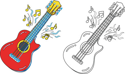 Fototapeta premium This lively cartoon guitar illustration is perfect for projects related to music, hobbies, and fun. Its vibrant colors and whimsical design make it suitable for children's books, educational materials