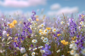 Fototapeta premium A Dreamy Meadow Landscape with Lupines Daisies and Poppies Dancing in the Sunlight Under a Partly Cloudy Sky