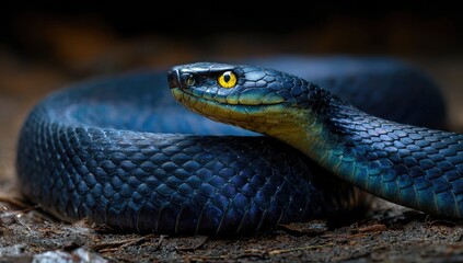 Close-up of a dark blue snake.  Its head is angled slightly towards the viewer, and its scales are sharply defined.  A vibrant yellow eye is prominent.  Dark background