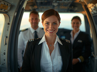 Female pilot smiling in cockpit with male and female crew members behind airplane aviation