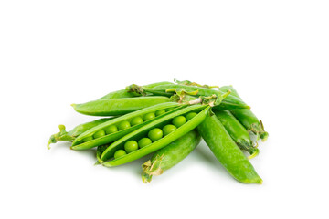 Fresh green pea pods with green peas isolated on white background. Sweet green peas. Green pea beans vegetables. Vegan. healthy vegetable