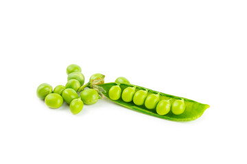 Fresh green pea pods with green peas isolated on white background. Sweet green peas. Green pea beans vegetables. Vegan. healthy vegetable