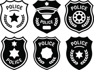 Collection of six distinct police officer badges with laurel wreaths