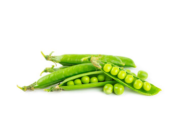 Fresh green pea pods with green peas isolated on white background. Sweet green peas. Green pea beans vegetables. Vegan. healthy vegetable