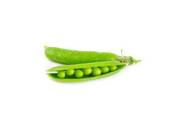 Fresh green pea pods with green peas isolated on white background. Sweet green peas. Green pea beans vegetables. Vegan. healthy vegetable