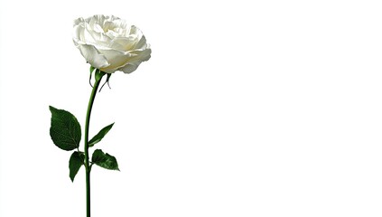 Fototapeta premium A single, pristine white rose with a long stem and leaves, isolated on a white background