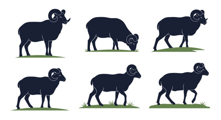 Naklejka premium Collection of dark silhouettes featuring various rams and ewes standing grazing and walking on green grass