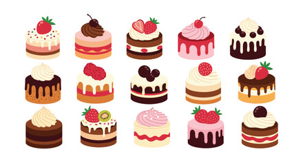 A collection of deliciously decorated small cakes with fruity toppings and creamy frostings perfect for celebrations