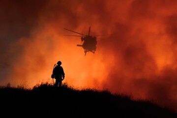 Firefighter and helicopter crew unite against california's wildfires. Wildfire strategy. Massive helicopter fleet joins forces to combat southern california wildfires. Quick reaction force.