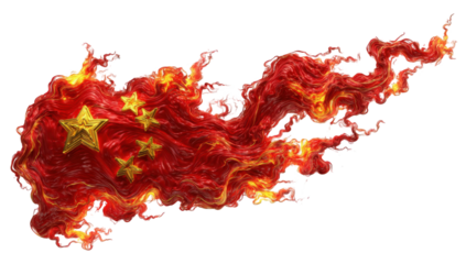 Chinese flag in fiery flames