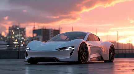 Fototapeta premium Sleek white electric sports car on city rooftop at sunset (1)