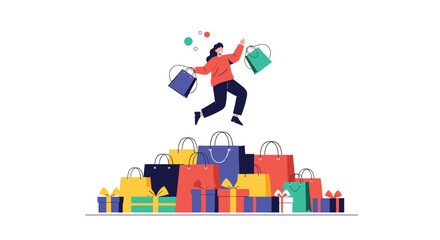 Excited shopper jumping joyfully above a large pile of colorful shopping bags and gift boxes enjoying retail therapy and consumerism