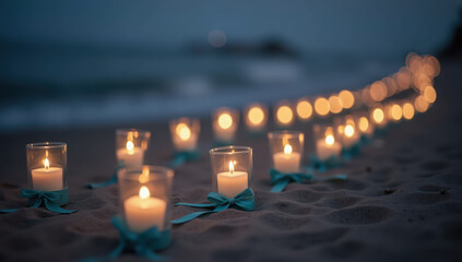 Candle glass sand beach evening ribbon decoration romantic glowing celebration create serene and intimate atmosphere with soft candlelight on beach perfect for special occasions