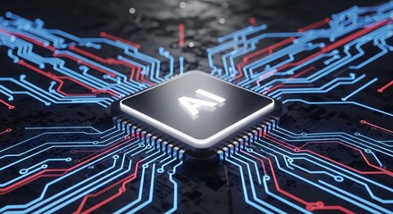 Closeup of a futuristic ai chip with glowing blue and red circuits