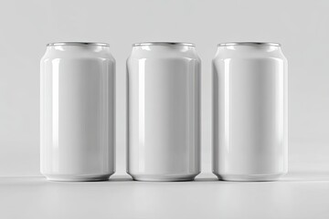 Three blank white aluminum beverage cans arranged vertically on a light gray surface