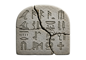 Ancient stone tablet displays intricate hieroglyphic carvings, exhibiting a fragmented yet detailed design.