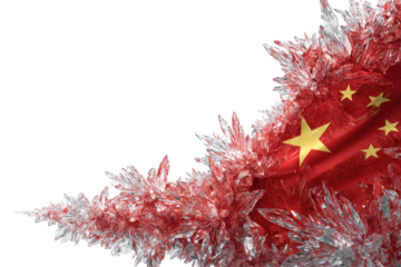 Chinese flag draped over icy crystals
