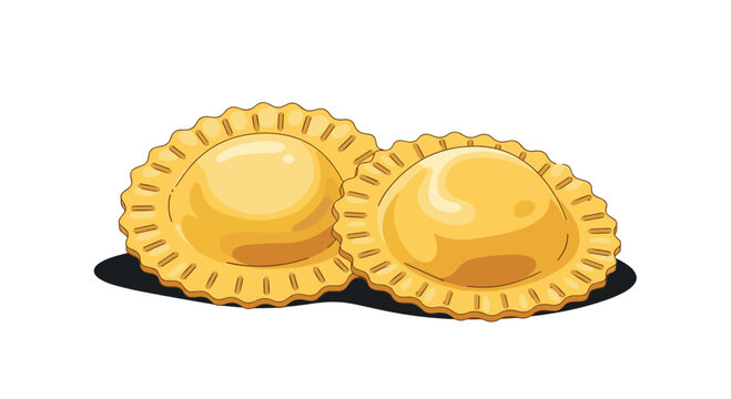 Two delicious golden ravioli with delicate edges on a white background
