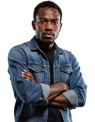 Black man portrait and serious face with arms crossed in confidence isolated on a transparent png background confident african male person with denim shirt and casual fashion in creative startup Pr
