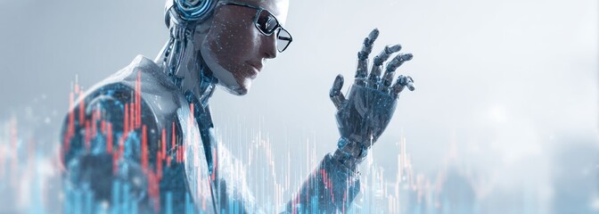 AI scientist in lab coat, analyzing data.  Complex robotic figure, wearing glasses and headphones, appears to study financial charts overlayed.  Futuristic,  modern, and technological