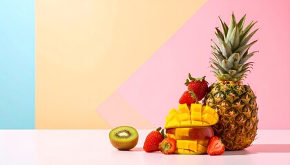 A colorful tropical fruit stack with sliced mango, pineapple, kiwi, orange, and strawberries arranged artfully against a pastel pink and blue background, creating a vibrant and fresh composition.