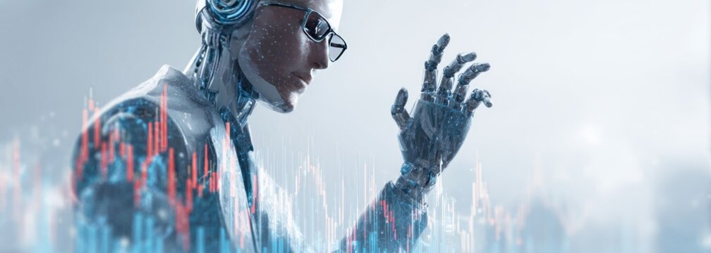 AI scientist in lab coat, analyzing data.  Complex robotic figure, wearing glasses and headphones, appears to study financial charts overlayed.  Futuristic,  modern, and technological