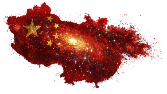 China map overlaid on a cosmic nebula